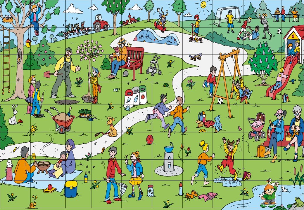 Wimmelbild-Beispiel: Spielplatz-Szene mit versteckter Figur