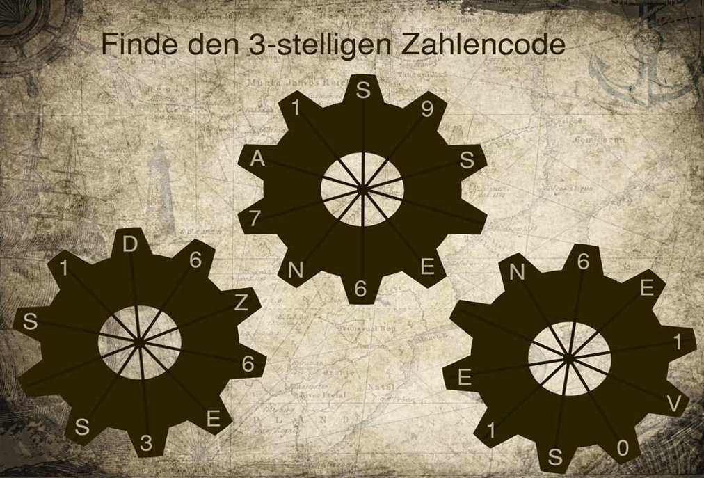 Zahnrad-Rätsel-Beispiel: drei Zahnräder mit Buchstaben und Zahlen auf einer Schatzkarte
